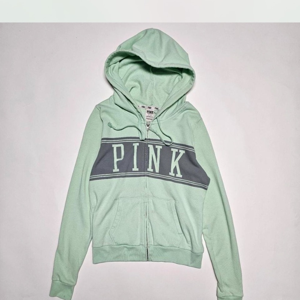 Victoria's Secret Y2K Mint Green With Gray Logo Zip -Up Sweatshirt Hoodie, Size